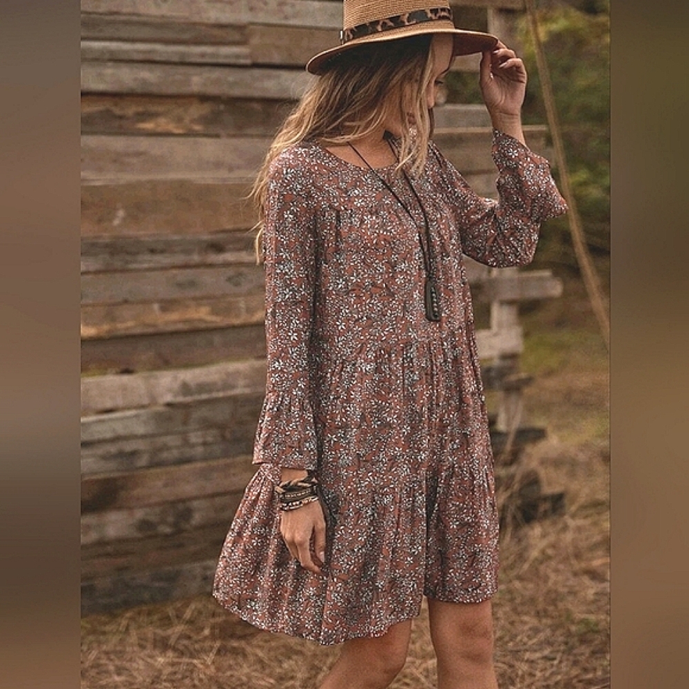 New Boho Floral Mini Dress Tiered Ruffle Mini Burgundy Red Brown White - Picture 3 of 7